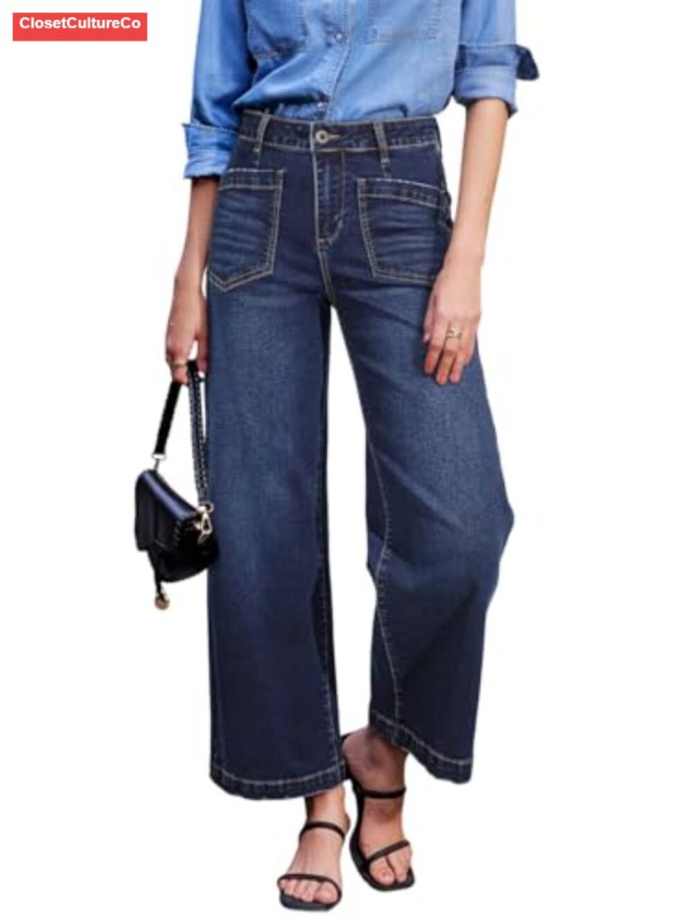 Wide Leg High Waisted Stretchy Ankle Denim Jeans for Women